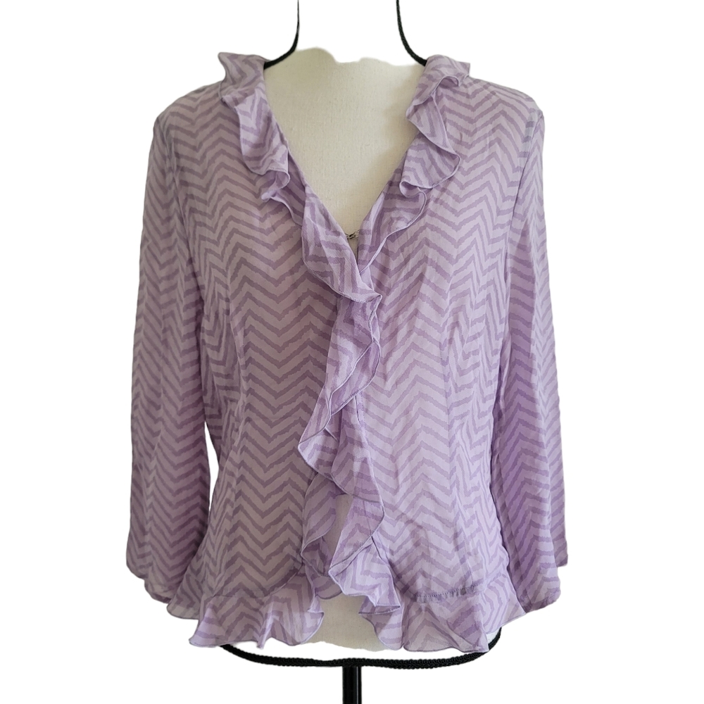 WEILL y2k sheer chevron stripe ruffle front blouse